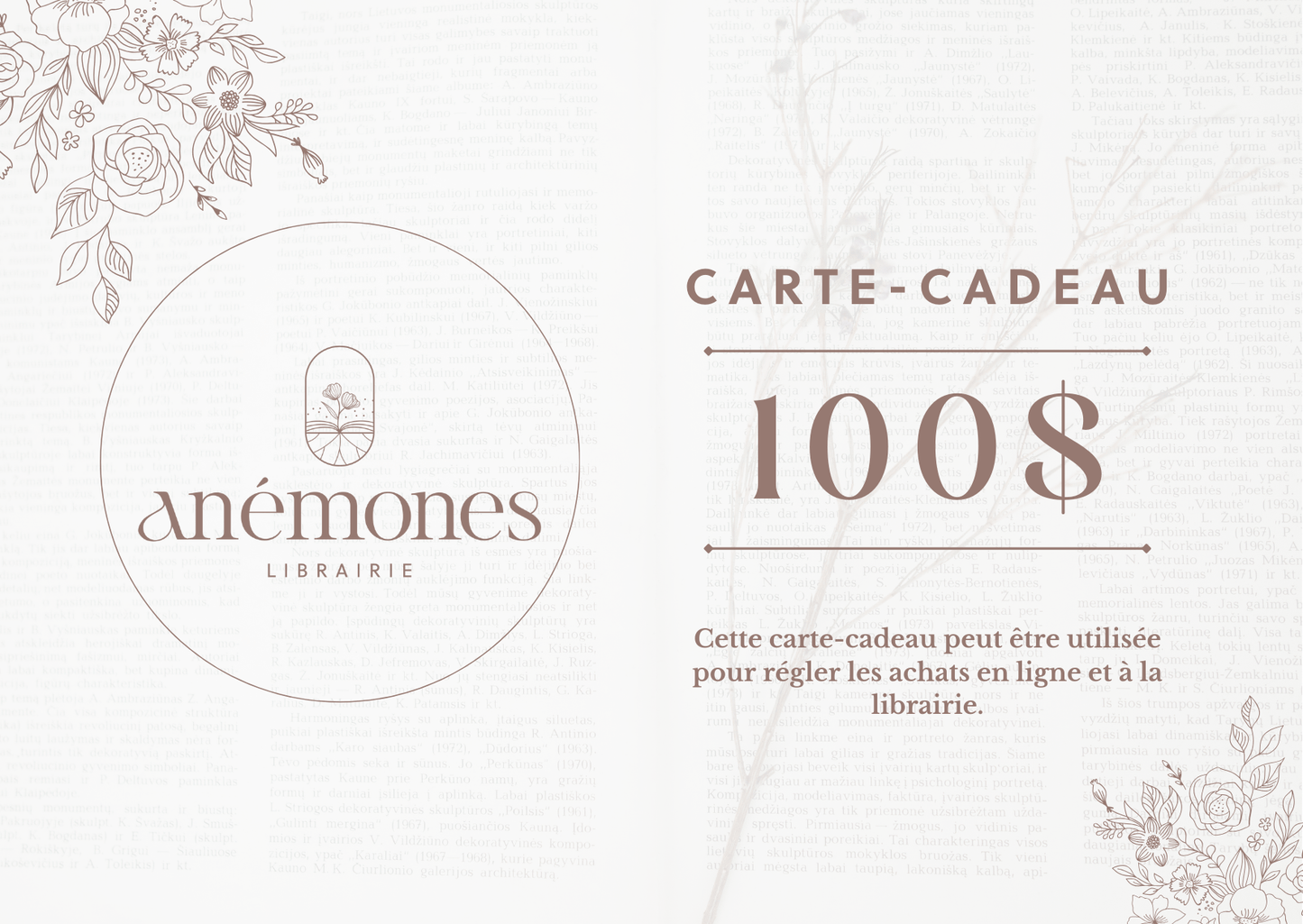 Carte-cadeau Librairie Anémones