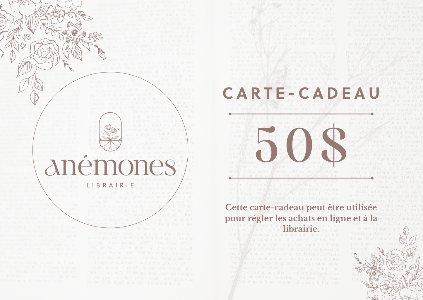 Carte-cadeau Librairie Anémones