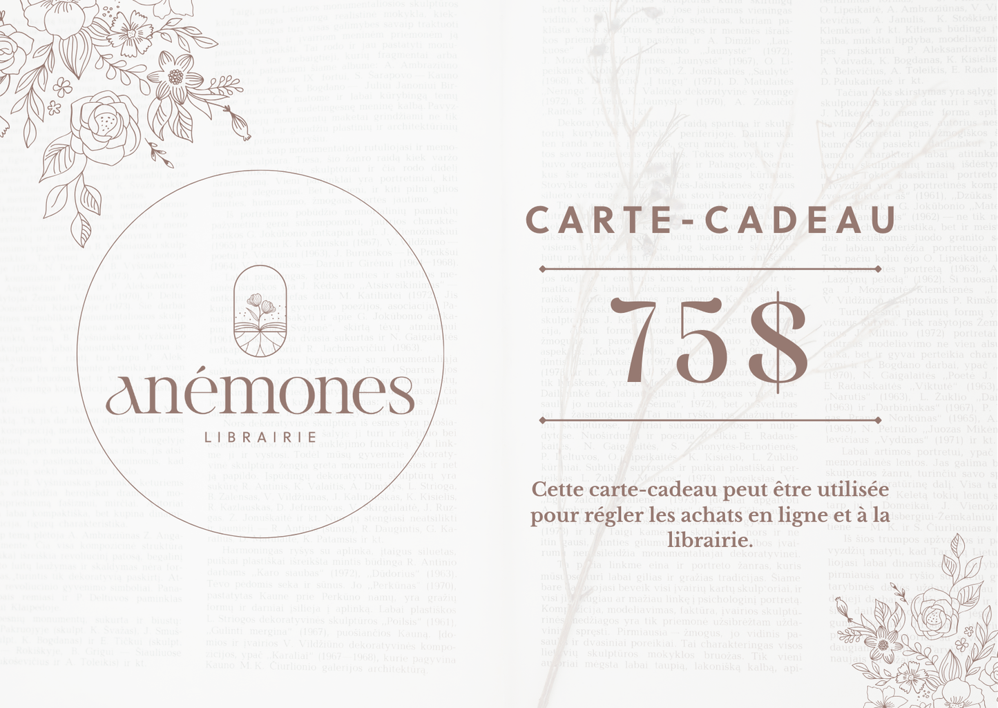 Carte-cadeau Librairie Anémones